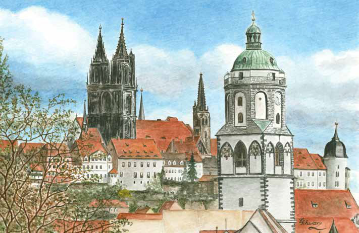 Aquarellkalender 2022 - Die Albrechtsburg Meißen im Blick_ März - Atelier Schwarz Malerei